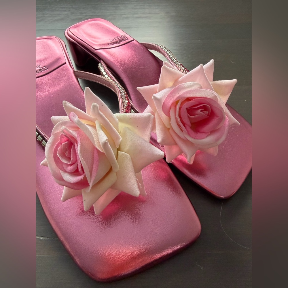 NWOT Jeffrey Campbell Primrose pink rhinestone Flip Flop with rose size 8 - Picture 5 of 11